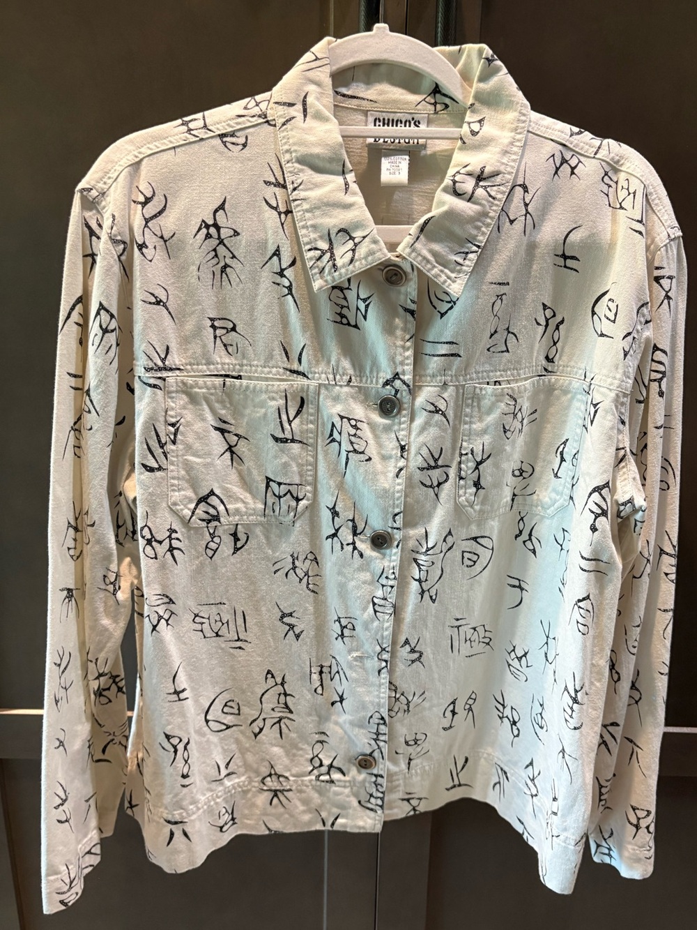 Chico’s Design Off White & Black Long Sleeve Shacket, 3/16/XL